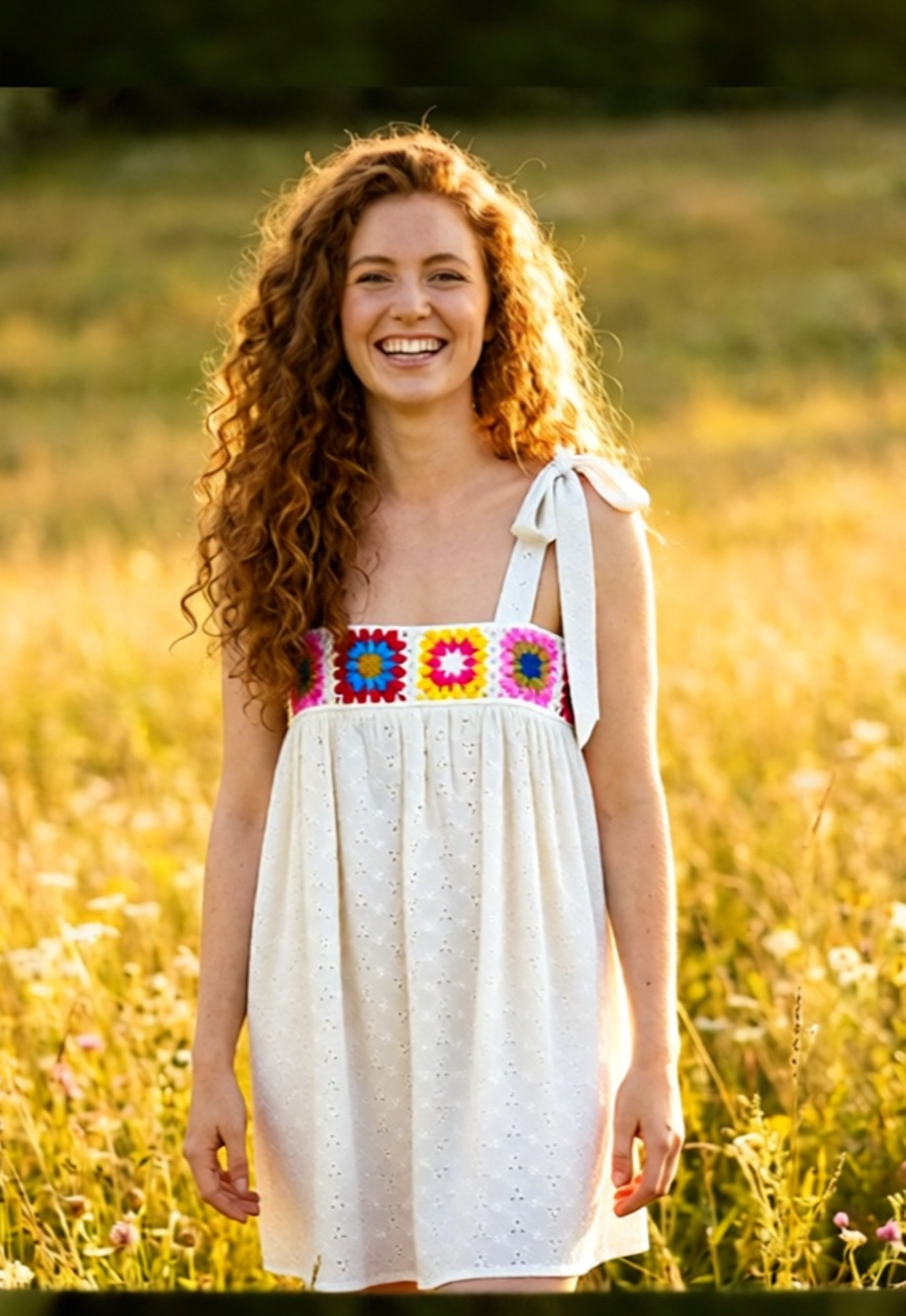So Me crochet with lace eyelet fabric boho hippie summer dress M